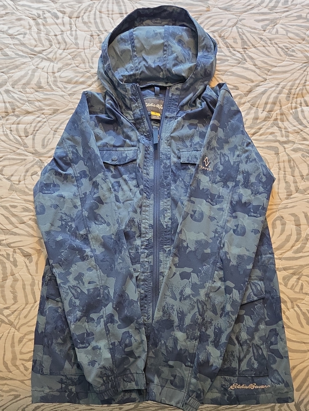 Eddie Bauer Womens Blue Camouflage Hooded Rain Jacket Size XS
